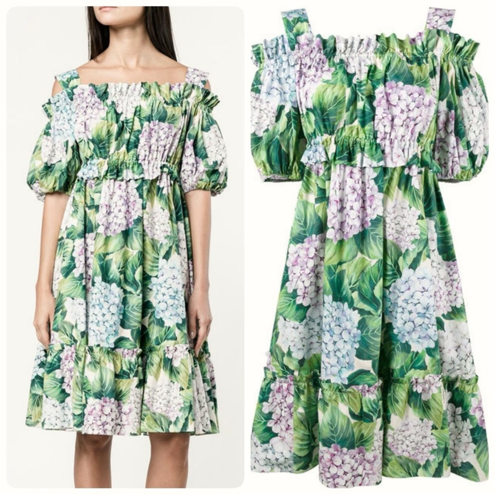 Off-Shoulder Hydrangea Midi Dress in Green